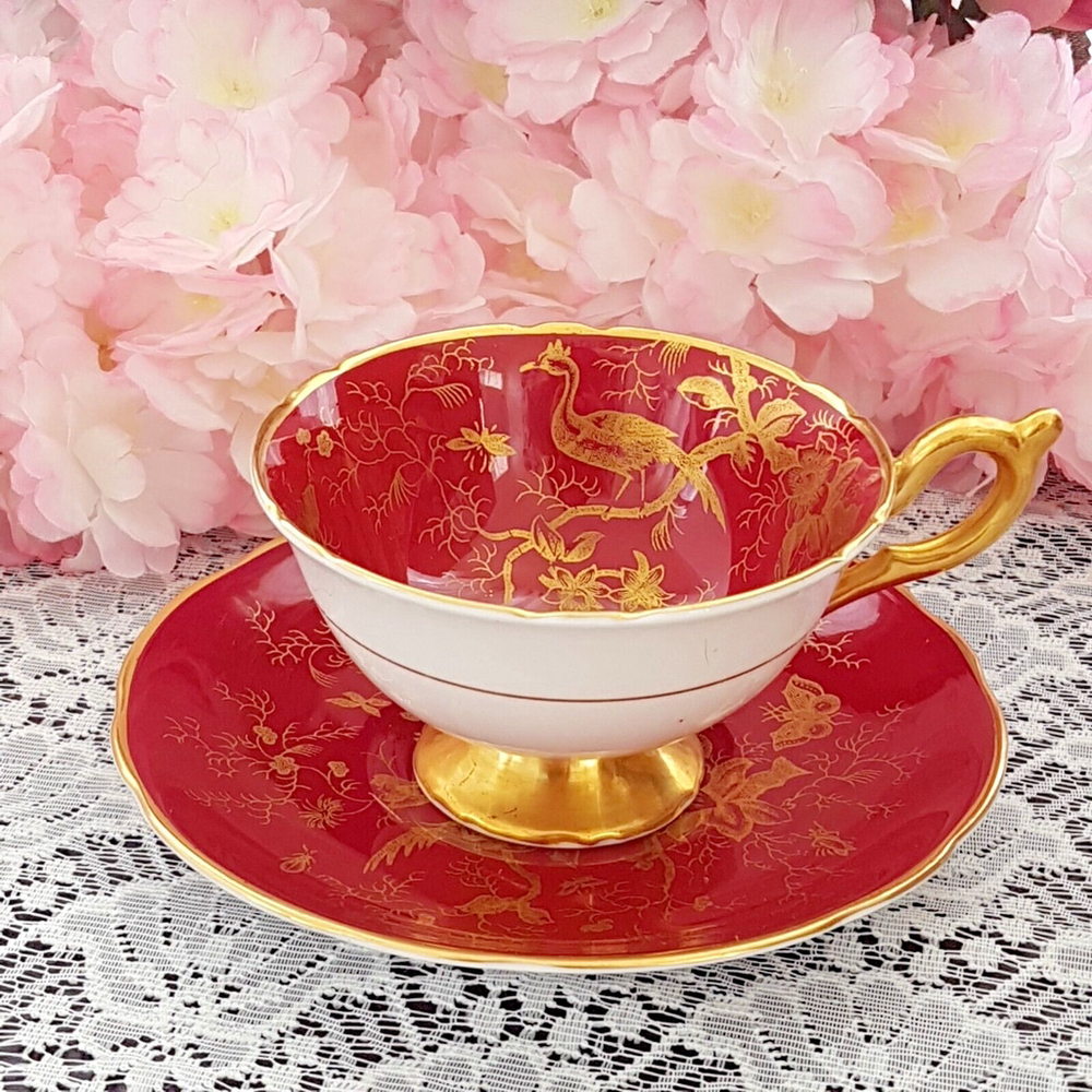 Coalport Cairo Maroon Red Gold Tea Cup and Saucer Wide Mouth Cup England
